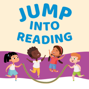 Four children playing jump rope together below the words "Jump Into Reading" in bold blue letters on a colorful background.