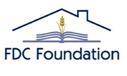 Logo of FDC Foundation featuring a blue outline of a house, an open book with a golden wheat stalk, and the text "FDC Foundation" below.