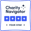 Charity Navigator four-star rating badge featuring four blue stars and the text "Charity Navigator Four-Star.