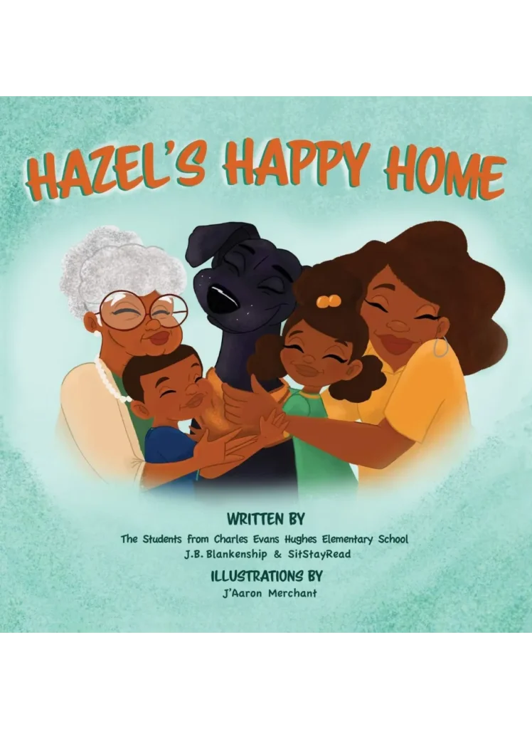 Illustrated book cover showing a smiling family—an elderly woman, a dog, a woman, and two children—embracing together under the title "Hazel’s Happy Home.