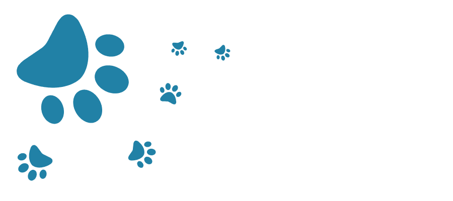 Blue animal paw prints of various sizes scattered on a plain white background, with the largest print on the left and smaller prints trailing to the right.