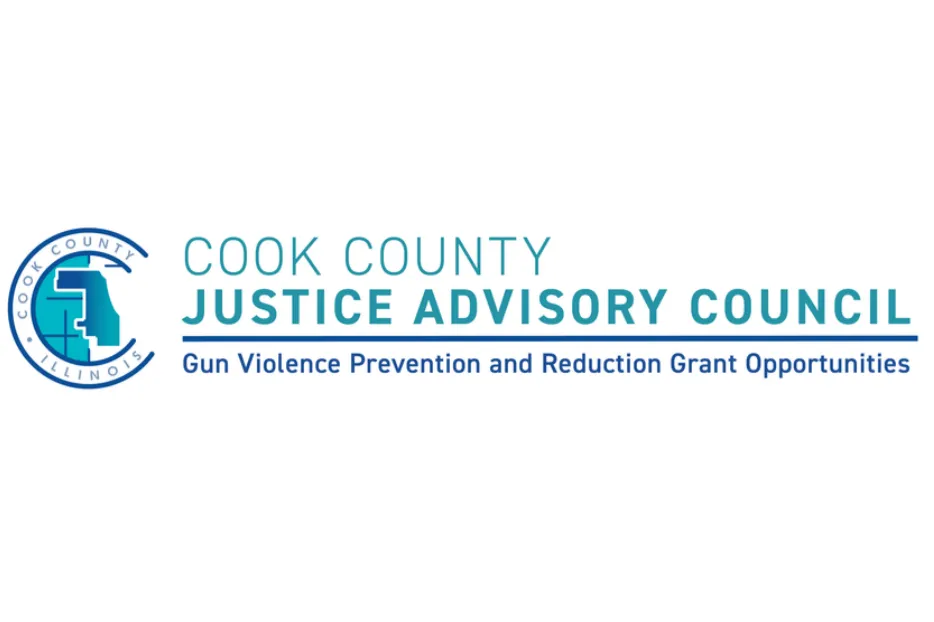 Cook County Justice Advisory Council logo with text: "Gun Violence Prevention and Reduction Grant Opportunities.