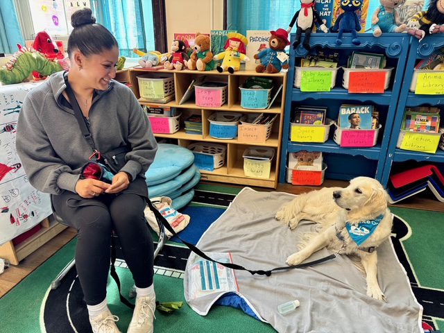 A woman sits on a chair holding a leash attached to a dog lying on a blanket in a colorful classroom filled with books and stuffed animals.