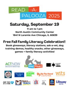 Flyer for Read-a-Palooza 2025, a free family literacy event on September 19 at North Austin Community Center, with sponsors’ logos, event activities, and details.