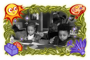 Two children sit at a table coloring, surrounded by an illustrated frame with a sun, paint palette, LEGO blocks, and plants.
