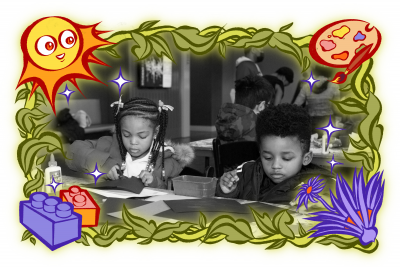 Two children sit at a table coloring, surrounded by an illustrated frame with a sun, paint palette, LEGO blocks, and plants.