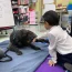 IMG 1714 A young boy sits on a classroom rug, reaching out to gently touch a black dog lying on a blanket, while an adult sits nearby. A whiteboard with numbers is visible in the background.